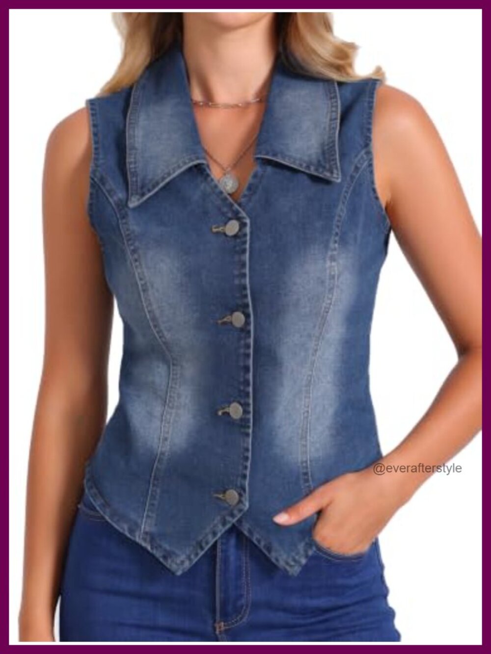Washed Stretch Denim Vest Button Down Sleeveless Slim Fit Western